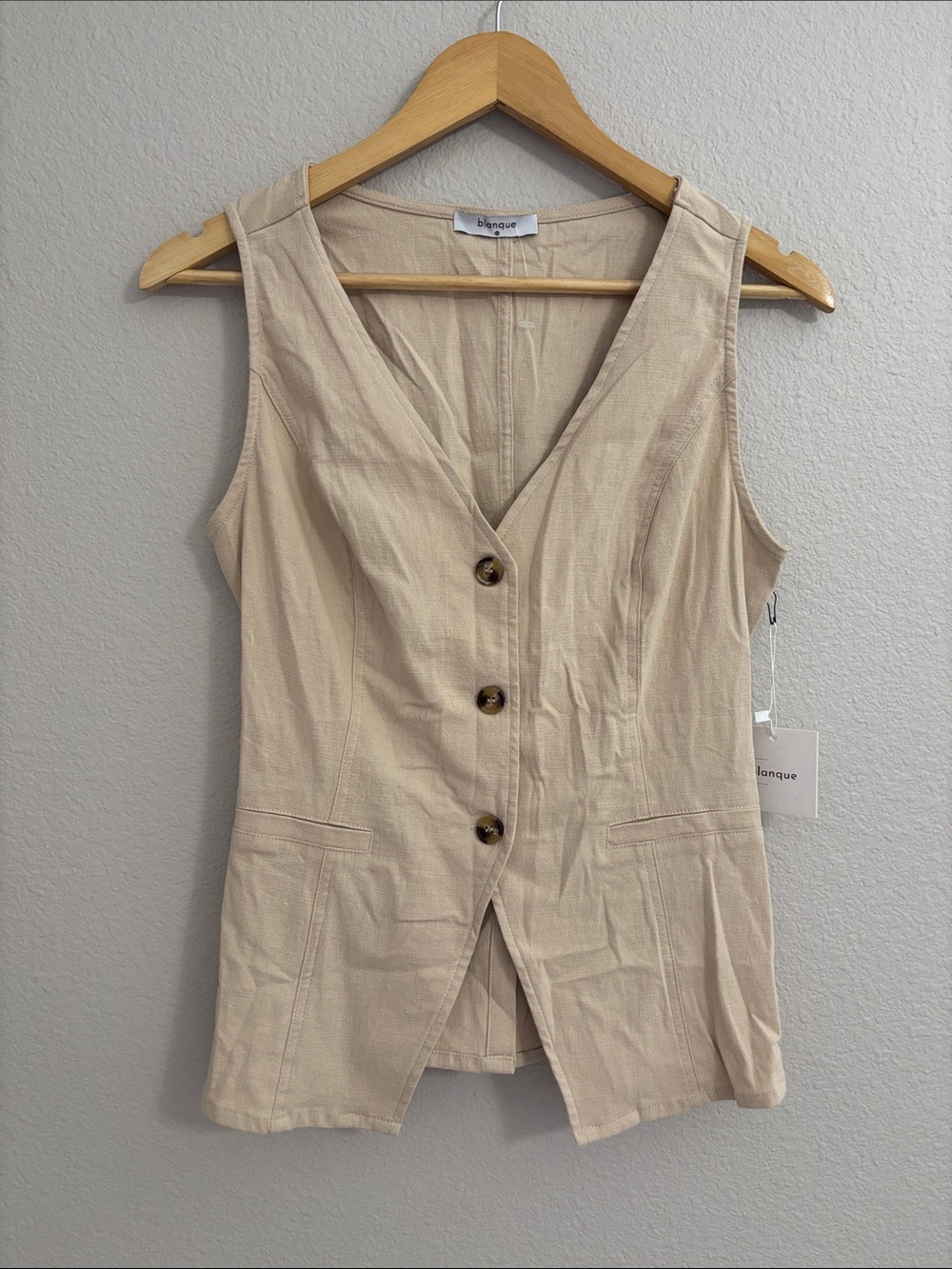 NWT Blanque Beige Tan Cotton Linen Blend Button-Front Sleeveless Vest Size M